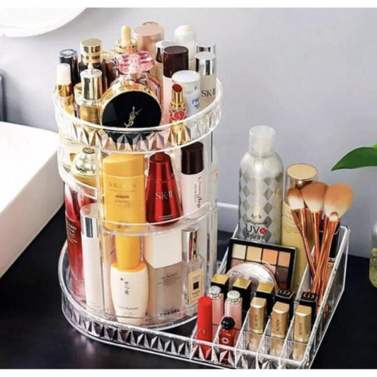 Rotating makeup organizer with various cosmetic products on a desk.