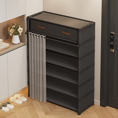 Large Capacity Metal Shoe Cabinet with Curtain – Dustproof Multi Tier Shoe Rack & Bag Organizer