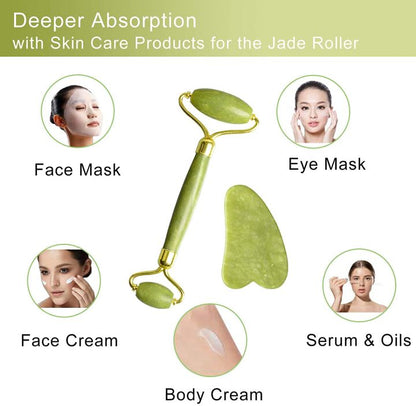 Jade roller and gua sha tool with skin care product application examples on a white background.