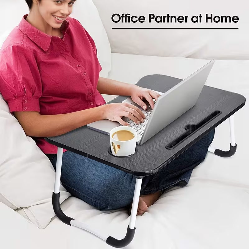 Foldable Wooden Laptop Table for Bed & Sofa | Portable Lap Desk with W-Shaped Legs, Cup & Mobile Holder