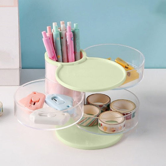 Multifunctional organizer with stationery items on a white surface