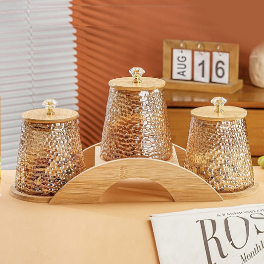3Pcs Glass Jar Set with Wooden Stand – Fancy Storage