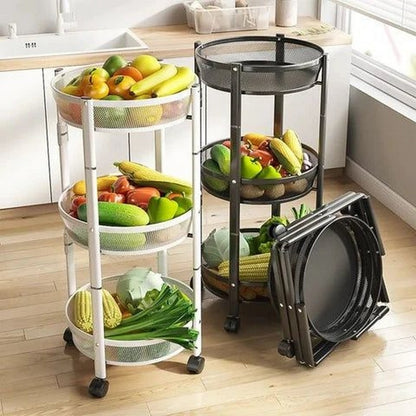 3 Layer Stainles Steel Folding Storage Cart with Wheels | 3 Tier Kitchen Trolley – Runstore.pk