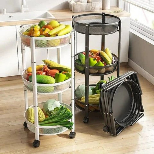 3 Layer Stainles Steel Folding Storage Cart with Wheels | 3 Tier Kitchen Trolley – Runstore.pk