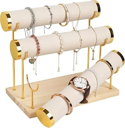 3-Tier Velvet Bracelet & Bangle Display Stand with Wooden Base & Gold Accents