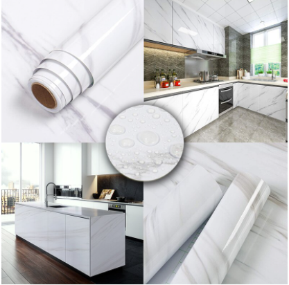White Marble Peel and Stick Waterproof Kitchen PVC Wallpaper 60x200cm