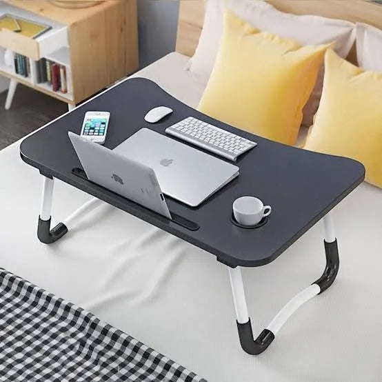 Foldable Wooden Laptop Table for Bed & Sofa | Portable Lap Desk with W-Shaped Legs, Cup & Mobile Holder