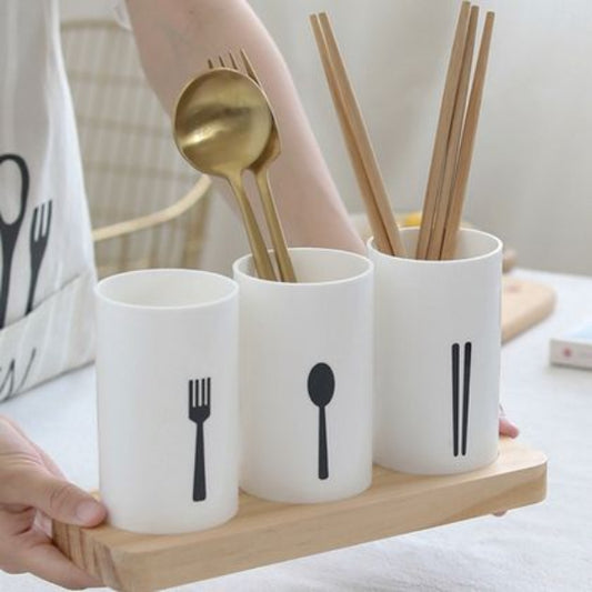 3-Grid Cutlery Holder with Wooden Stand Organizer