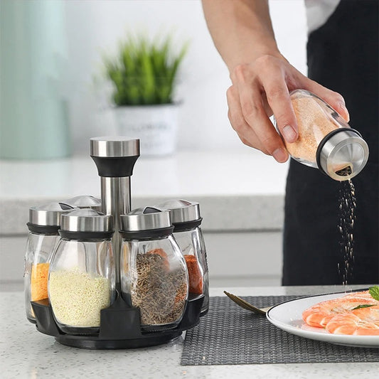New Rotating Spice Jar Set 6 Rack Glass Organizer Seasoning, Sugar, Pepper Bottles Salt Shakers Holder, Kitchen Storage