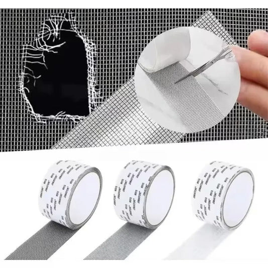 Metallic repair tape being applied to a mesh screen with a hand holding it above.