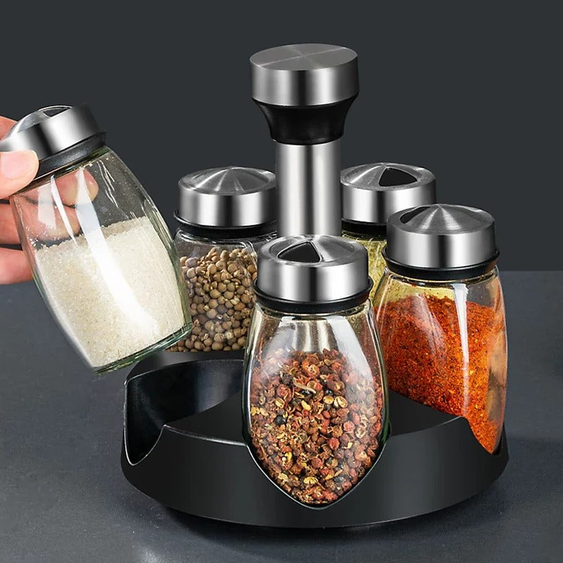 New Rotating Spice Jar Set 6 Rack Glass Organizer Seasoning, Sugar, Pepper Bottles Salt Shakers Holder, Kitchen Storage