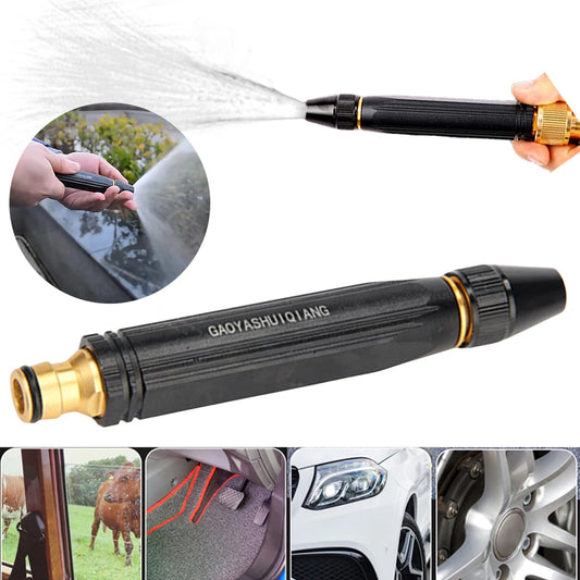 Black and gold garden hose nozzle with close-up of water spray and usage examples.