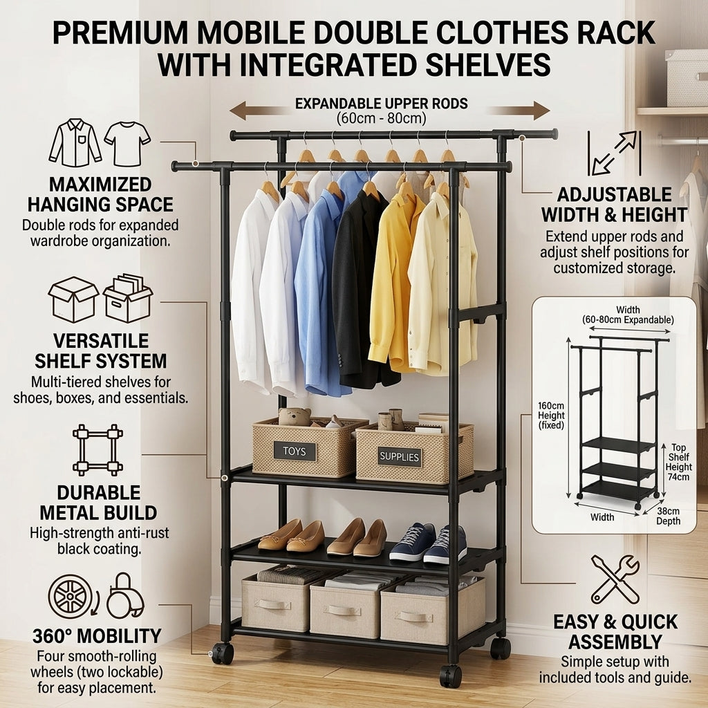 Double Pole Coat Rack with 3-Tier Storage Shelf Organizer Stand