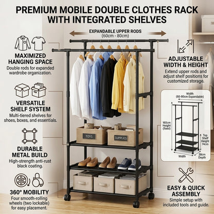 Double Pole Coat Rack with 3-Tier Storage Shelf Organizer Stand