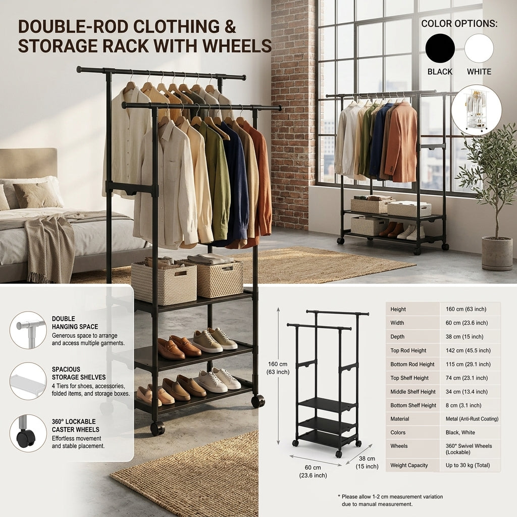 Double Pole Coat Rack with 3-Tier Storage Shelf Organizer Stand