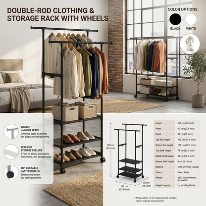 Double Pole Coat Rack with 3-Tier Storage Shelf Organizer Stand