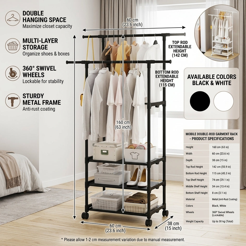 Double Pole Coat Rack with 3-Tier Storage Shelf Organizer Stand