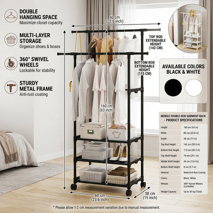 Double Pole Coat Rack with 3-Tier Storage Shelf Organizer Stand