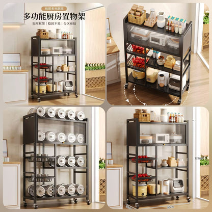 multifunctional kitchen storage rack with doors and wheels