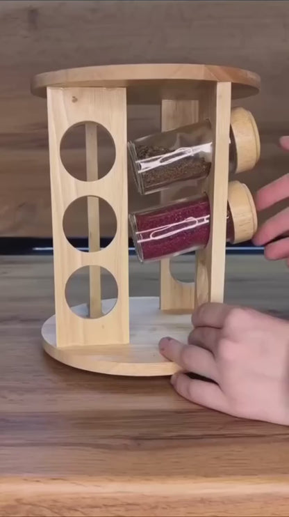 Wooden Spice Jar Organizer with 12 Glass Jars | 360° Rotating Masala Rack for Modular Kitchen