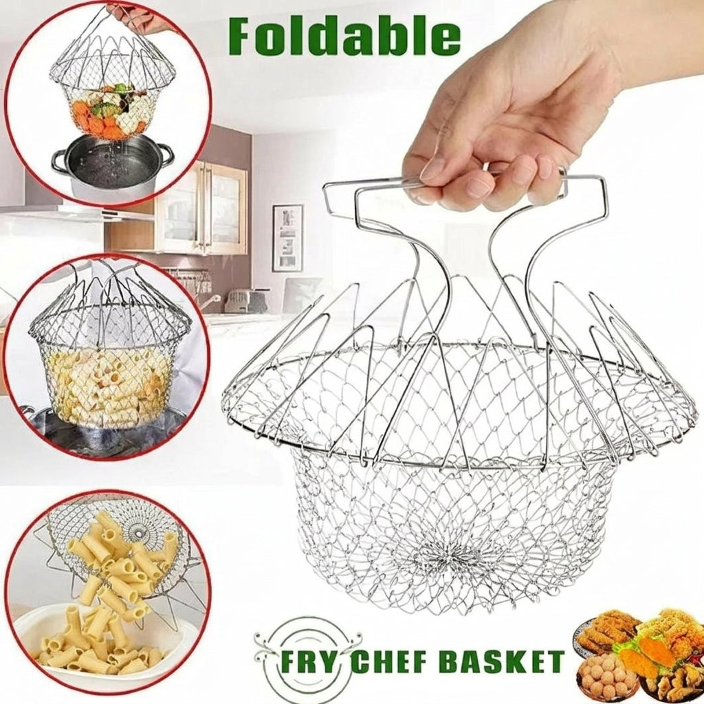 Foldable fry chef basket with images of its use in a kitchen setting.