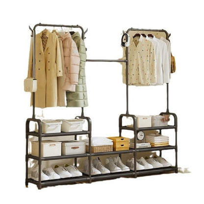 Elegant 4-Tier Wardrobe Closet Organizer with Shoe Shelf & Wheels | Black Iron Clothes Rack for Bedroom & Entryway