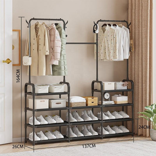 Elegant 4-Tier Wardrobe Closet Organizer with Shoe Shelf & Wheels | Black Iron Clothes Rack for Bedroom & Entryway