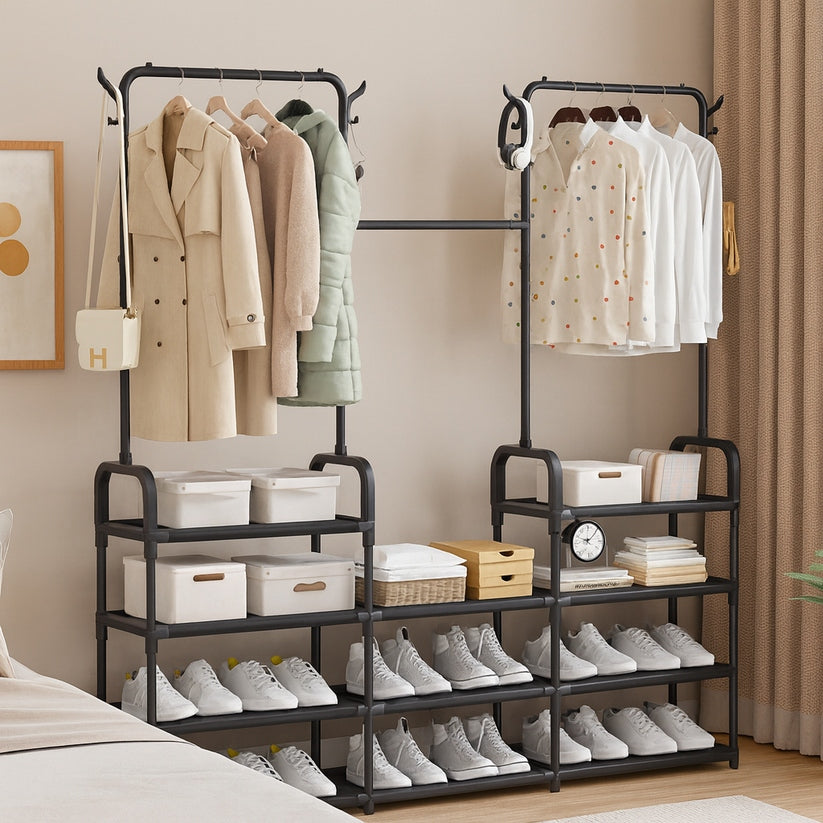 Elegant 4-Tier Wardrobe Closet Organizer with Shoe Shelf & Wheels | Black Iron Clothes Rack for Bedroom & Entryway