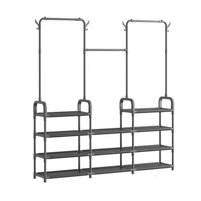 Elegant 4-Tier Wardrobe Closet Organizer with Shoe Shelf & Wheels | Black Iron Clothes Rack for Bedroom & Entryway