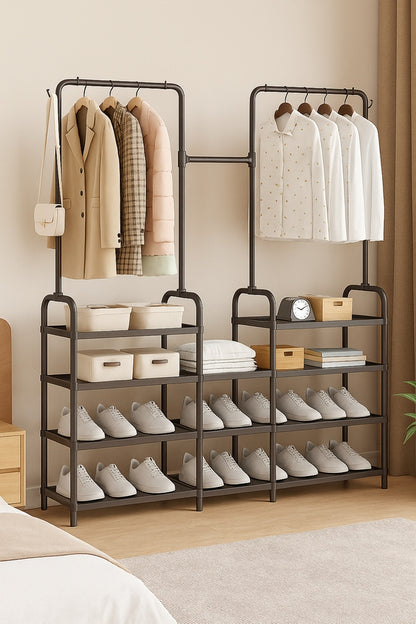 Elegant 4-Tier Wardrobe Closet Organizer with Shoe Shelf & Wheels | Black Iron Clothes Rack for Bedroom & Entryway