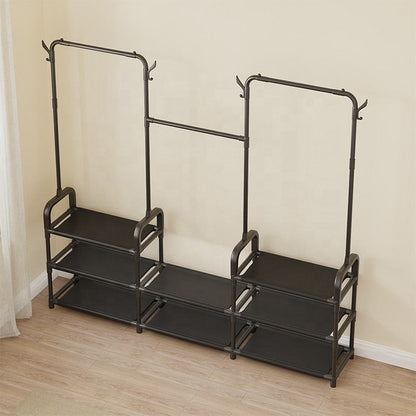 Elegant 4-Tier Wardrobe Closet Organizer with Shoe Shelf & Wheels | Black Iron Clothes Rack for Bedroom & Entryway