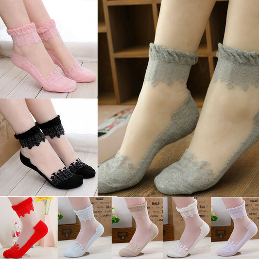 Ultrathin Transparent Crystal Lace Elastic Short Socks for Women