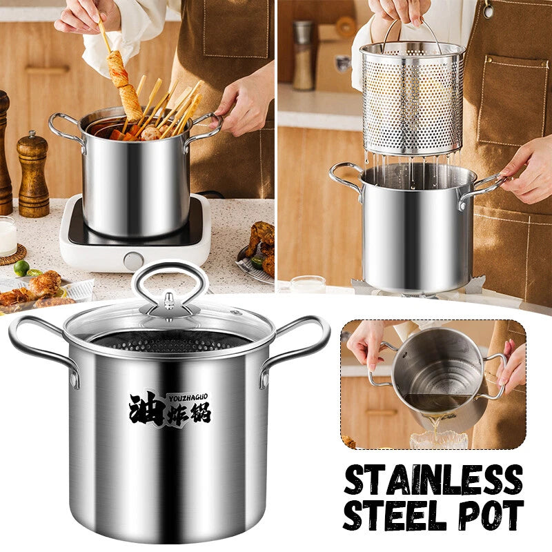 Stainless steel pot being used in a kitchen setting with various cooking actions.