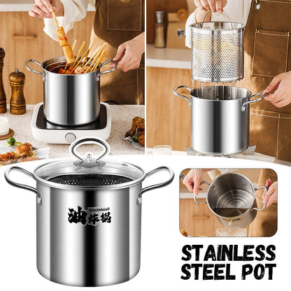 Stainless steel pot being used in a kitchen setting with various cooking actions.