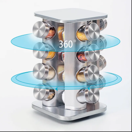 16-Piece Rotating Stainless Steel Spice Rack | 360° Masala Jar Organizer with Glass Jars