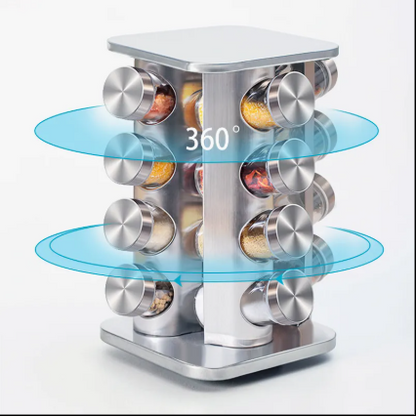 16-Piece Rotating Stainless Steel Spice Rack | 360° Masala Jar Organizer with Glass Jars