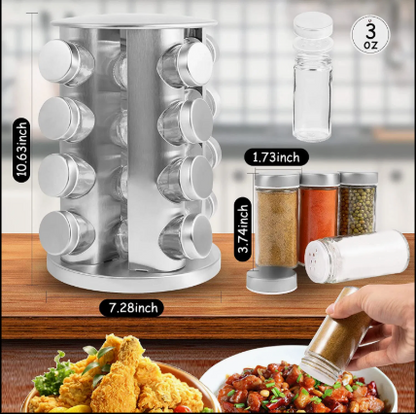 16-Piece Rotating Stainless Steel Spice Rack | 360° Masala Jar Organizer with Glass Jars