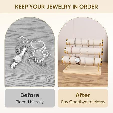 3-Tier Velvet Bracelet & Bangle Display Stand with Wooden Base & Gold Accents